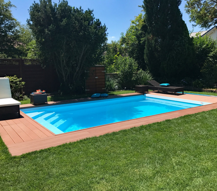 GFK Pool Detente 6 | 692x368x158cm mit Unterflurrollladen + Wärmepumpe + Poolroboter