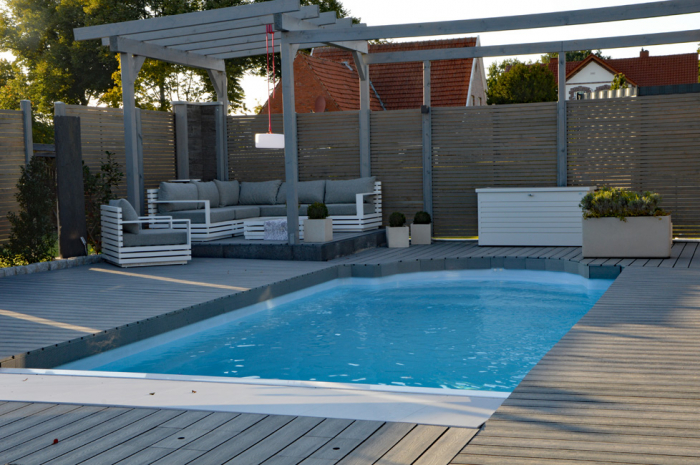 GFK-Pool ROMA 860x350x155 cm mit Unterflurrollladen